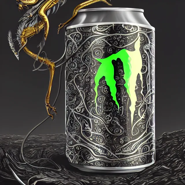 Image similar to aluminian can of monster energy drink, intricate and very very beautiful and elegant, highly detailed, digital painting, artstation, concept art, smooth and sharp focus, illustration