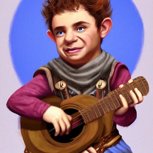 Prompt: hyper realistic portrait of a halfling male, happy, bard, singing, short hair, lute, intricate details, cinematic