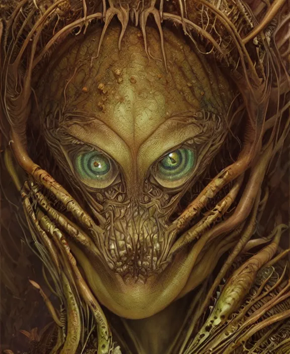 Image similar to intricate earth - toned portrait of a disturbing terrifying alien insect creature, mottling coloring, adorable, childlike, overgrown jungle environment, ultra realistic, concept art, art nouveau, photorealistic, octane render, 8 k, unreal engine. art by christopher marley and artgerm and greg rutkowski and alphonse mucha
