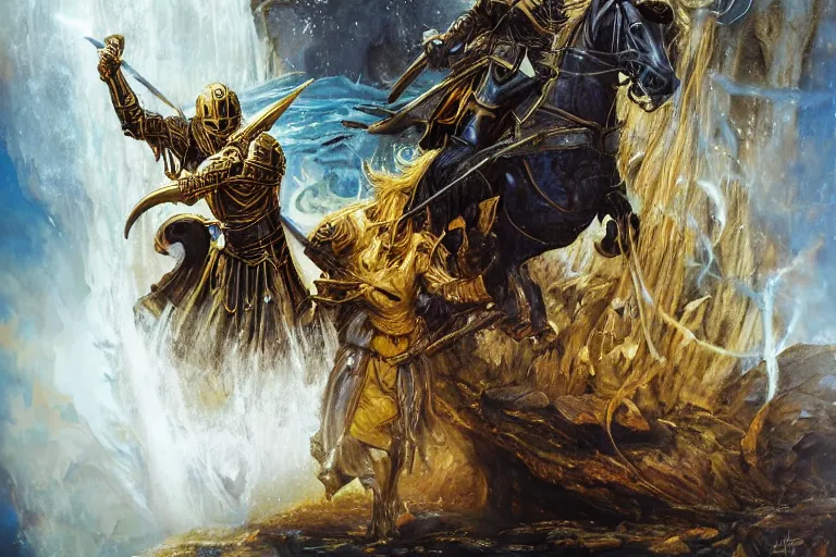 Prompt: the brave golden knight fights the ink witch queen of the fluid, painted by howard david johnson and james gurney, trending on artstation, symmetrical face, beautiful eyes, dramatic black lighting macro view mirrored, magic realism, lord of the rings, classicism