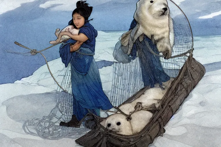 Image similar to a Inuit hauling a baby harp seal in a net, gray and blue and white colors, water color, art by artgerm and greg rutkowski and alphonse mucha and jin xiaodi and anthony devine