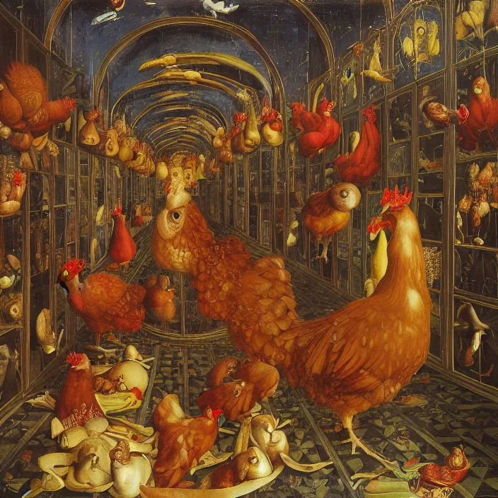 Image similar to a chicken in a hall of mirrors, chicken nebula, by jan van eyck