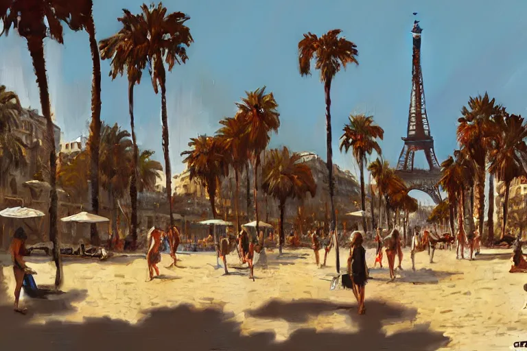 Prompt: landscape of the beautiful city of paris rebuilt near the pacific ocean in sunny california, amazing weather, sandy beach, palm trees, splendid haussmann architecture, painting by craig mullins, concept art, matte painting, trending on artstation