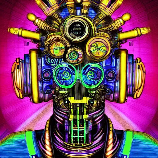 Image similar to mockup of a tshirt with a hyperdetailed portrait of a steampunk robot on lsd, 8 k, symetrical, flourescent colors, trippy mood, multicolored,