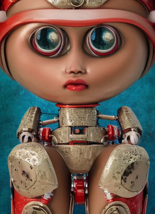 Image similar to closeup portrait of tin toy robot bikini girl trap, depth of field, zeiss lens, detailed, symmetrical, centered, fashion photoshoot, by nicoletta ceccoli, mark ryden, lostfish, breathtaking, 8 k resolution, extremely detailed, beautiful, establishing shot, artistic, hyperrealistic, octane render