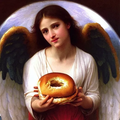 Image similar to a glorious oil painting of an angel inside a car eating a bagel, by Bouguereau, highly realistic and intricate