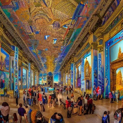 Image similar to a museum filled with incredible amazing giant beautiful murals on the walls and ceilings, unique architecture, multiple levels, tall ceilings, crowded with dozens of visitors, bright sunny day, digital painting, highly detailed, dynamic, 4k photo, realistic, gigapixel