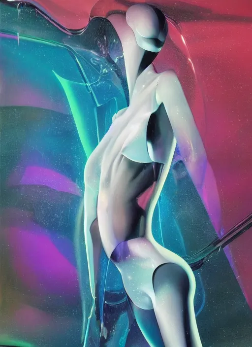 Image similar to futuristic lasers tracing, colorsmoke, fullbodysuit, pyramid hoodvisor, raindrops, wet, oiled, beautiful cyborg girl aphrodite pinup, by steven meisel, kaws, rolf armstrong, hannah af klint perfect geometry abstract acrylic, octane hyperrealism photorealistic airbrush collage painting, monochrome, neon fluorescent colors, minimalist rule of thirds, eighties eros