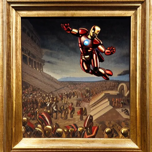 Image similar to hellenistic greece painting of ironman flying across the coliseum