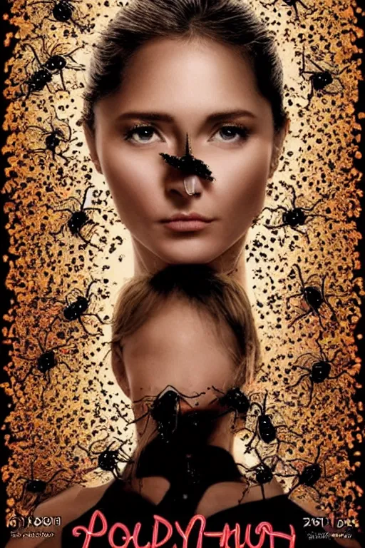 Image similar to a photo of a pretty woman with many ants on her face. movie poster. detailed. artistic. pretty