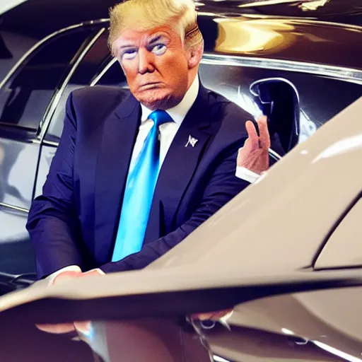 Image similar to donald trump sitting next to a roll's royce, gta 5 artwork, gold chain necklace, purple suit