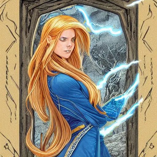 Image similar to a detailed tarot card of a human wizard casting a spell, female, blonde and auburn two toned hair, crackling blue lightning, fantasy, d & d, intricate, elegant, highly detailed, digital painting, artstation, concept art, matte, sharp focus, illustration, in the style of magic the gathering, art by artgerm and greg rutkowski and alphonse mucha