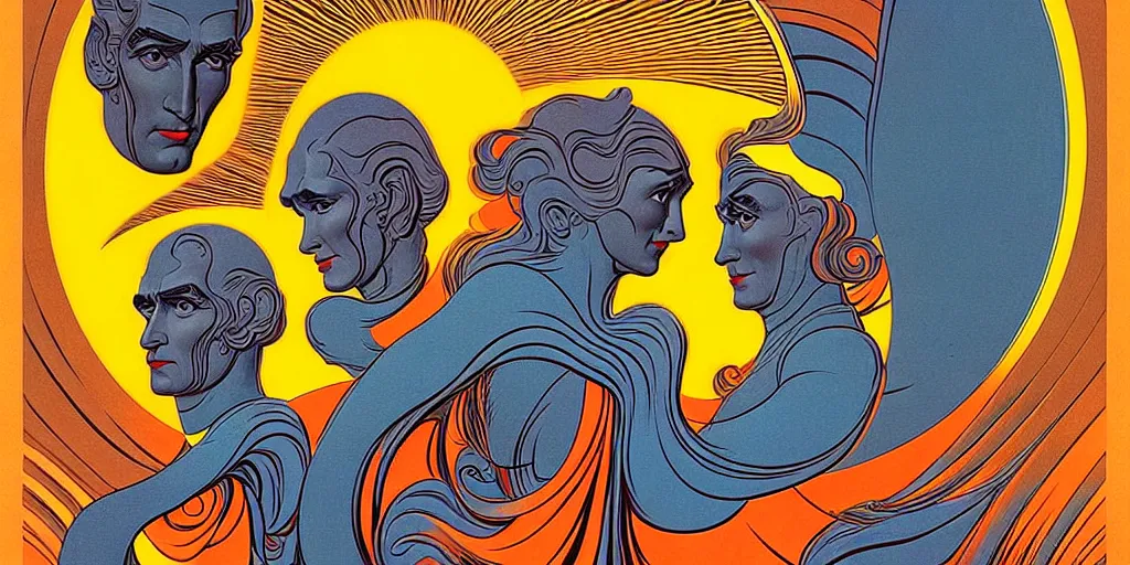 Image similar to ♈ ☀️ 👩🏽‍🦱✨👼🏽; retro vintage art, symmetrical,2d matte illustration, Stanisław Szukalski + Moebius,