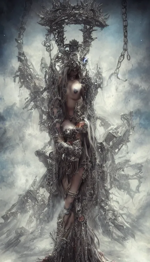 Image similar to beautiul girl wearing japanese masks 1 0 arms and mechanic hand reaching to a throne salvation epic cinematic by luis royo, pascal blanche, helmut newton and thu berchs, trending on artstation.