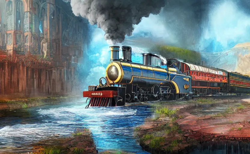 Image similar to A steam locomotive rides inside of a waterway on a fantasy city. Fantasy and concept art, colorful digital painting, unreal engine.