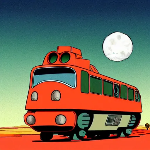 Prompt: a study of cell shaded cartoon limousine train from howl's moving castle ( 2 0 0 4 ) on a desert road, in front of a big moon, full body, wide shot, very muted colors, post grunge, studio ghibli, laurie greasley, highly detailed, deviantart, art by artgem