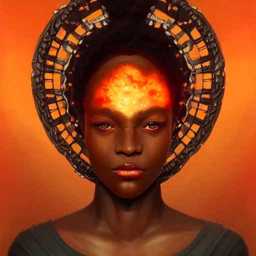 Image similar to a beautiful portrait of a flame god by Jim Burns and Tom Bagshaw, black skin, Trending on Artstation, Flaming Background