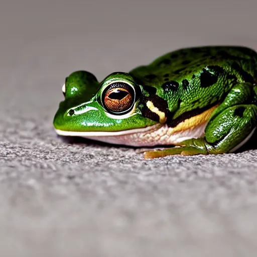 Prompt: sleeping frog on a small bed, photography,