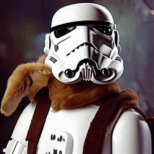 Prompt: an imperial stormtrooper riding atop a giant brown lop-eared bunny, star wars, still