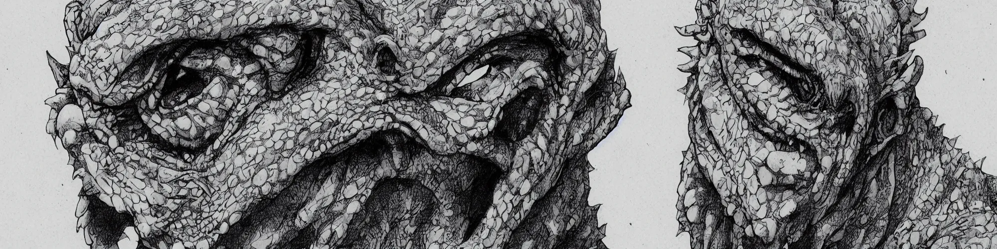 Image similar to A crying lizard man. In the style of Kentaro Miura, 4k, highly detailed, manga