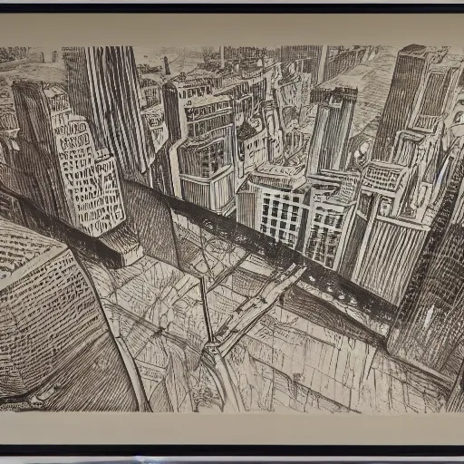 Image similar to google mild, spirited by simon bisley, by kara walker, by diane arbus. a print of a cityscape. the print shows a view from an elevated train line of the city below.