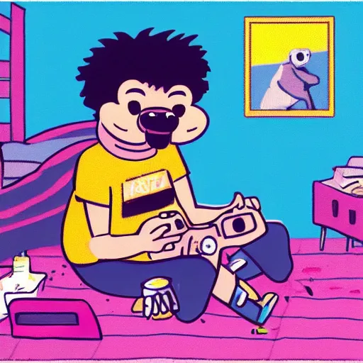 Image similar to a cartoon honey badger wearing shorts and playing video games in a messy room, very detailed