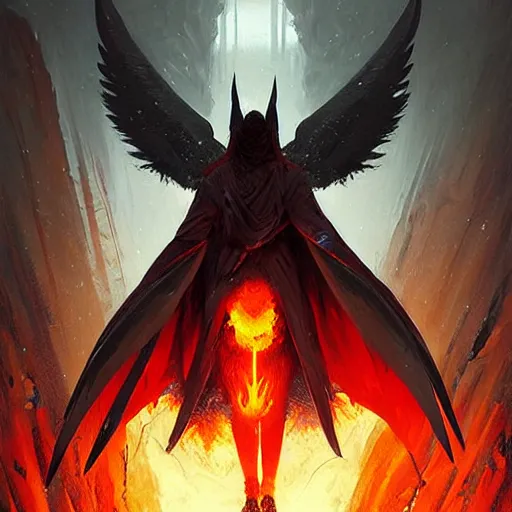 Prompt: a cambion, batlike wings unfurled, stepping into a snowy clearing through a fiery portal from hell, fantasy art by greg rutkowski