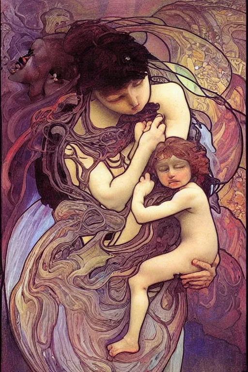 Image similar to saturn devouring his son, beautiful dark art, painting by alfons mucha