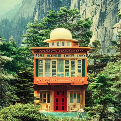 Image similar to a still from a Wes Anderson movie about a magical tea house