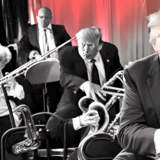 Prompt: donald trump in a jazz band, film noir