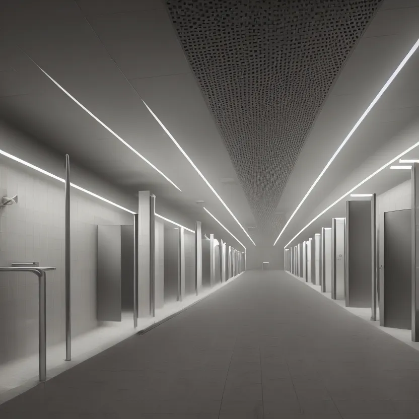Image similar to an infinite public restroom with endless stalls and endless sinks fading into the distance, cinematic lighting, volumetric lighting, award winning photography, highly detailed, intricate, elegant, smooth, sharp focus, 4 k wallpaper, unreal engine, 9 0 mm, f / 1. 4