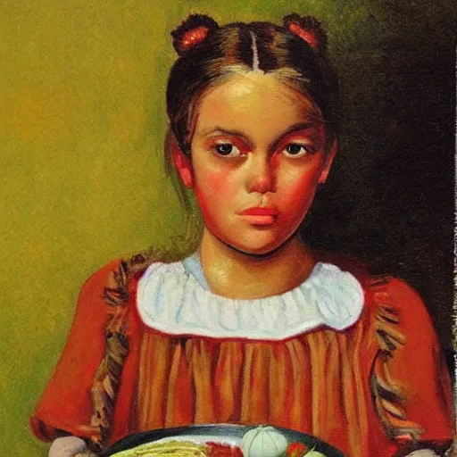 Prompt: taco girl with sad eyes. painting by margaret keene.