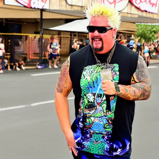 Image similar to guy fieri with pitvipers wearing a mesh neon tank top doing a mukbang