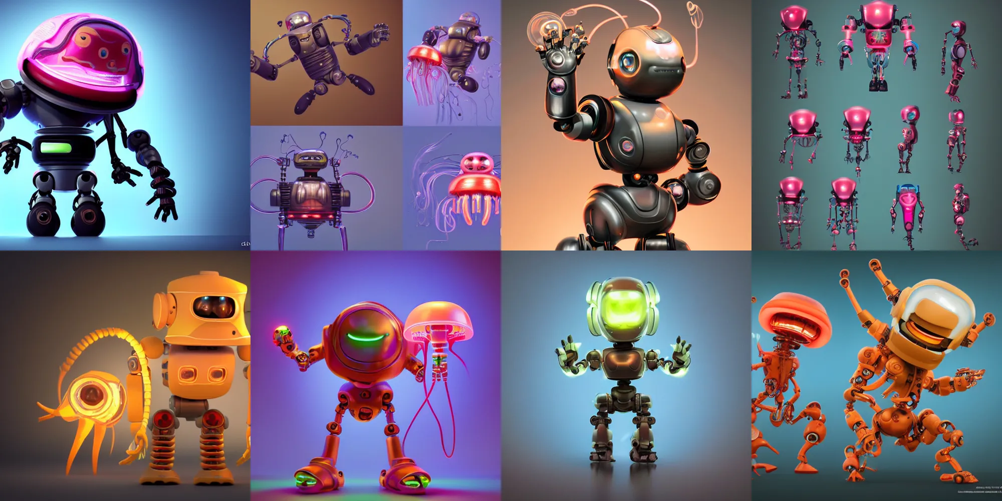 Prompt: cute, screaming, fighting, dancing, Tintoy Characterdesign Robot, mechabot neon jellyfish hard surface modelling, high details, by Eddie Mendoza, by Peter mohrbacher, Pictoplasma bioluminescent biomechanical halo, by jarold Sng, by disney, by tooth wu, octane render, cinematic light, high details, dichroic, cgsociety, by jonathan ive