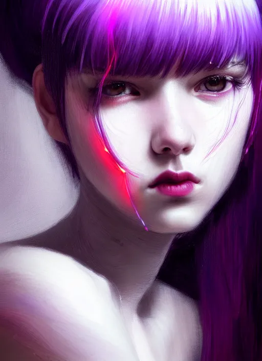 Image similar to portrait of teenage girl, red irises, bangs, black and white hair, white bangs, purple clothes, white bangs, two color hair, black hair and white bangs, intricate, elegant, glowing lights, highly detailed, digital painting, artstation, concept art, smooth, sharp focus, illustration, art by wlop, mars ravelo and greg rutkowski