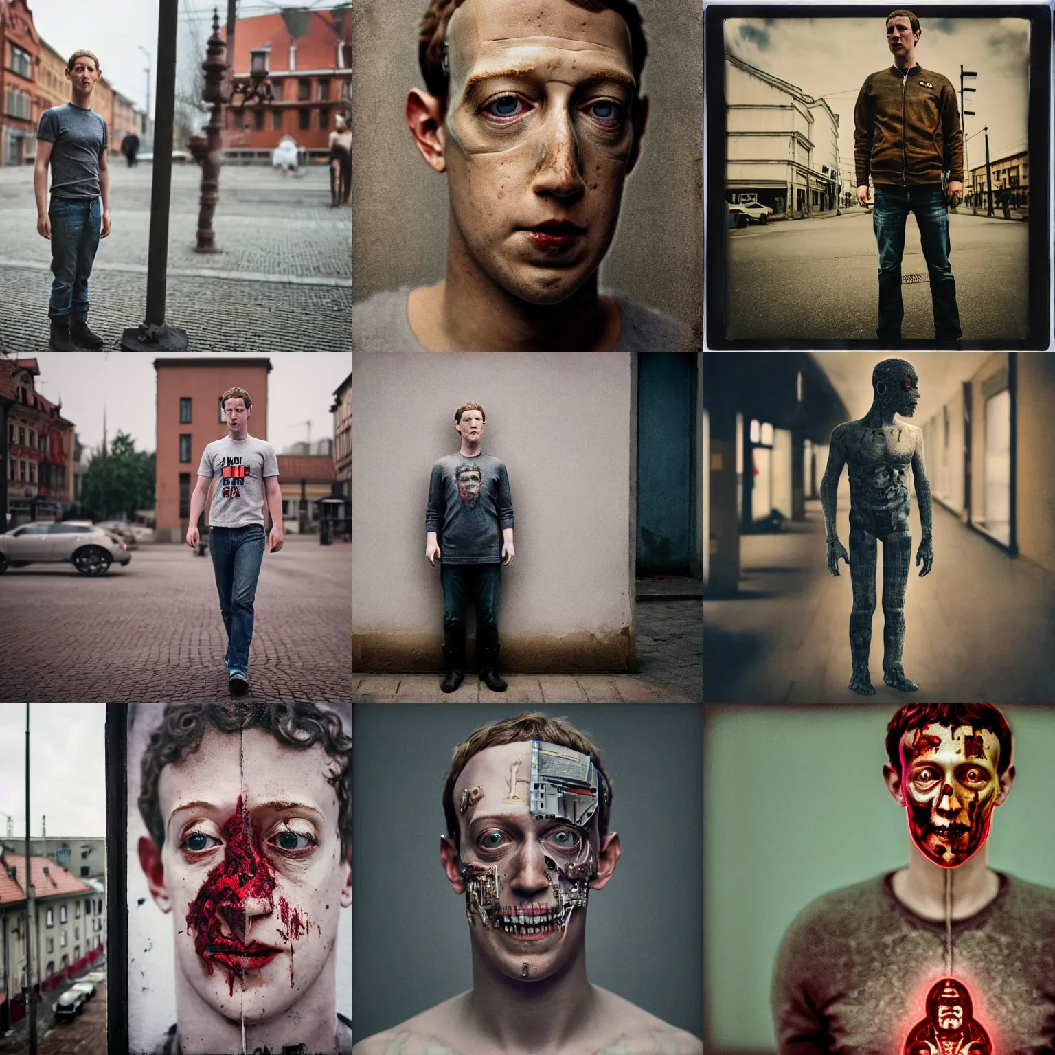 Prompt: legnica. close up. cyborg mark zuckerberg zombie, in legnica, full body, cinematic focus, polaroid photo, vintage, neutral dull colors, soft lights, by oleg oprisco, by thomas peschak, by discovery channel, by victor enrich, by gregory crewdson