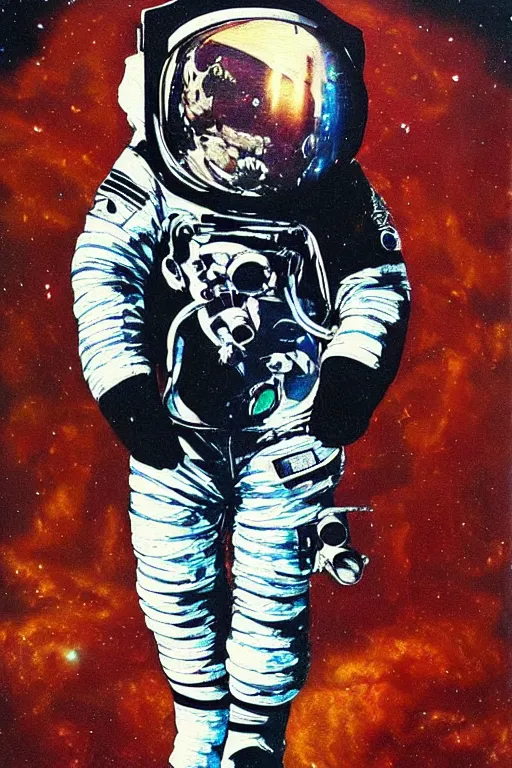 Image similar to a beautiful glitched painting by akiya kageichi of a cosmonaut in space suit falling into a dark abyss