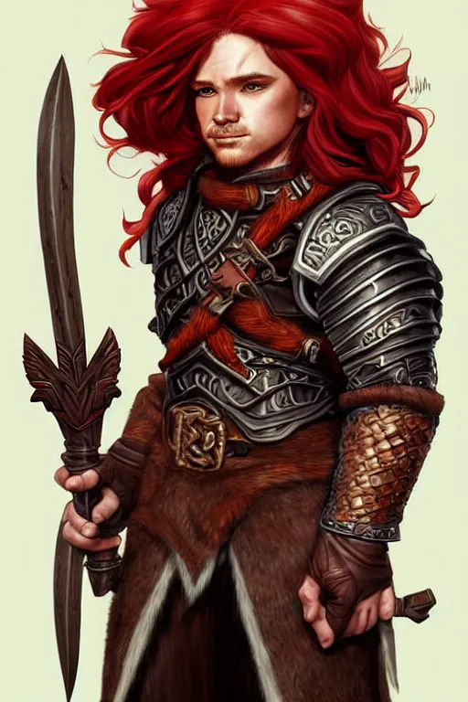 Image similar to male halfling druid with long red hair and leather armor, character portrait, concept art, intricate details, highly detailed photorealistic portrait in the style of adam hughes, seseon yoon, artgerm and warren louw