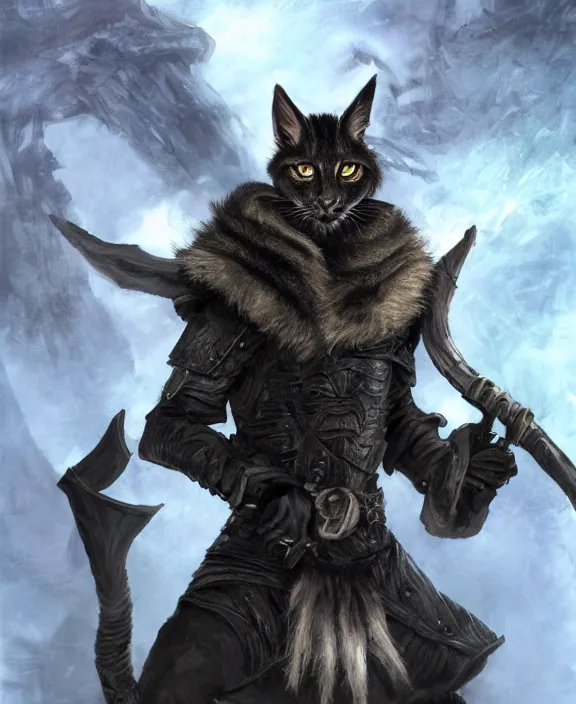 Prompt: humanoid male khajiit rogue with a scar on left eye, wearing leather armor with a hood, mainecoon cat features with jet black fur, far - mid shot, magic the gathering, fantasy