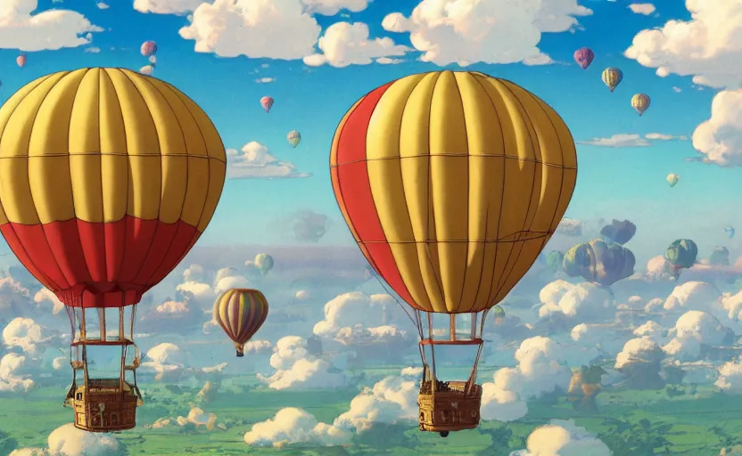 Prompt: a single steampunk hot air balloon flying through the sky with fluffy white clouds and a double rainbow, detailed digital concept art, 4 k movie still, by studio ghibli and winsor mccay