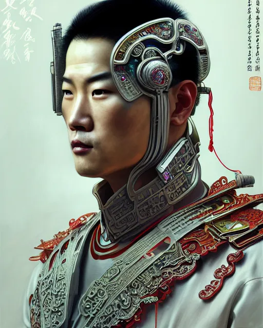 Image similar to portrait of a chinese masculine male cyberpunk machine, machine face, upper half portrait, decorated with chinese opera motifs, muscular, asian, fine china, wuxia, traditional chinese art intricate intense elegant 京 剧 highly detailed digital painting artstation concept art smooth sharp focus illustration, art by artgerm and greg rutkowski alphonse mucha 8 k