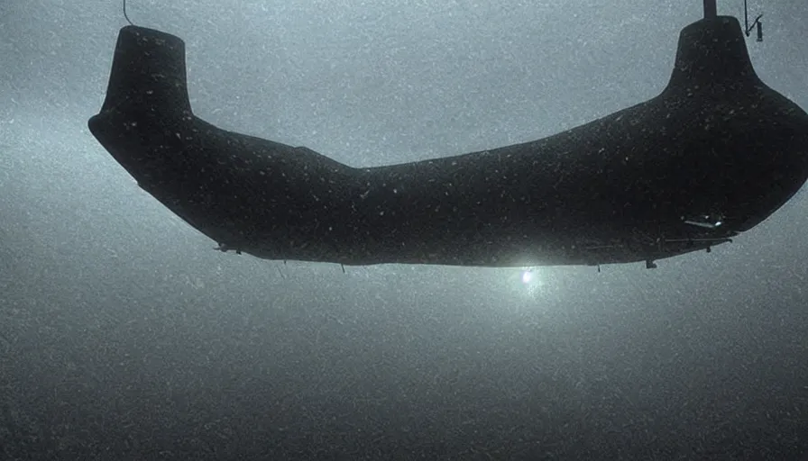 Image similar to Big budget horror movie, a submarine approaches an underwater biolab, deep in the ocean, dark and gloomy