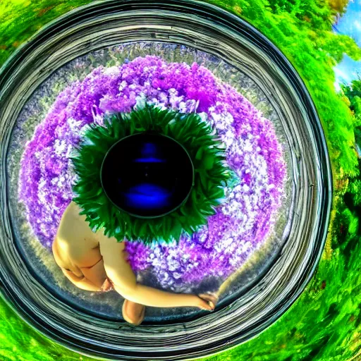 Image similar to a flower / human hybrid, fisheye photo