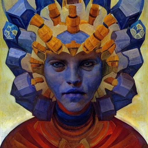 Image similar to the crown of bees, by Annie Swynnerton and Nicholas Roerich and Diego Rivera, blue skin, elaborate costume, geometric ornament, rich color, dramatic cinematic lighting, smooth, sharp focus, extremely detailed