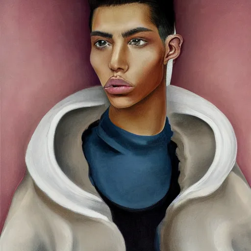 Image similar to a beautiful young mexican male wearing alexander mcqueen, painted by michelangelo