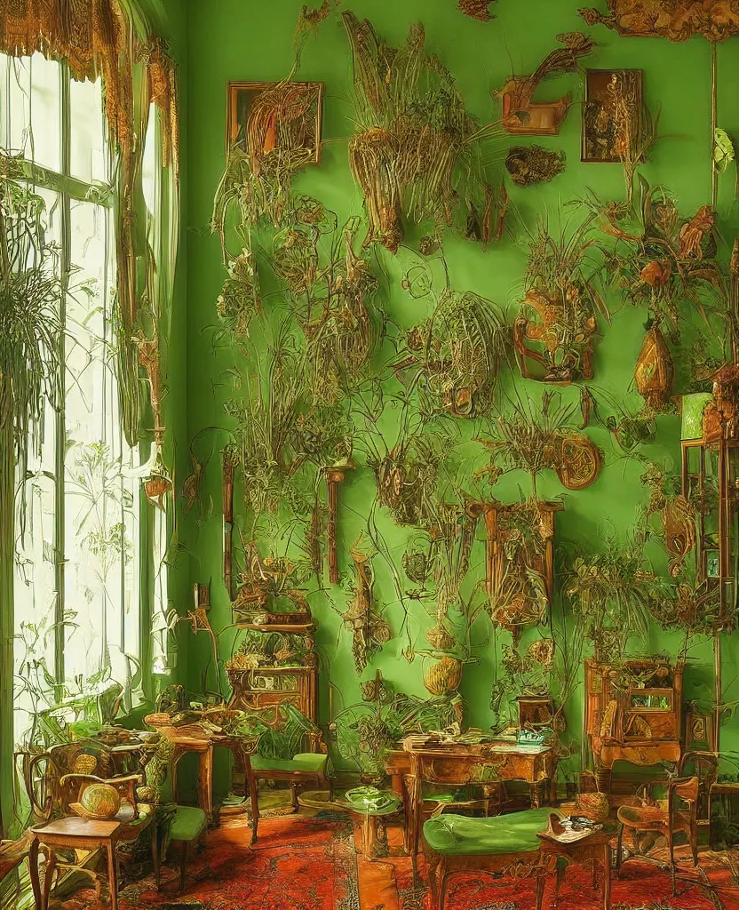 Prompt: room interior with furniture, green colors, designed by ernst haeckel, art forms in nature, afternoon light, intricate high details, sharp, ultradetailed