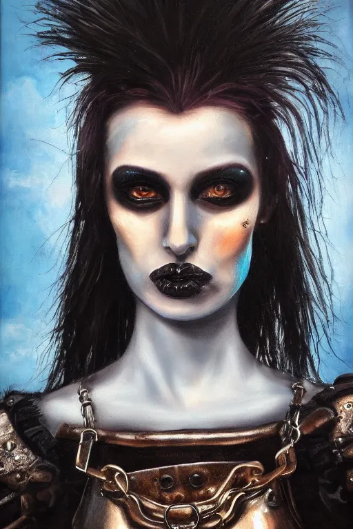 Image similar to hyperrealism oil painting, close - up portrait of punk gothic medieval brunette fashion model, knight, steel gradient mixed with nebula sky, in style of baroque