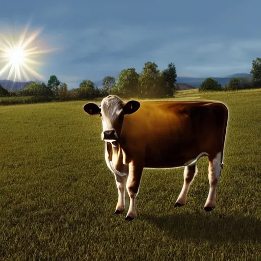 Prompt: a cow in the meadow, a ufo is flotting in the sky and its beam shines on the cow's body