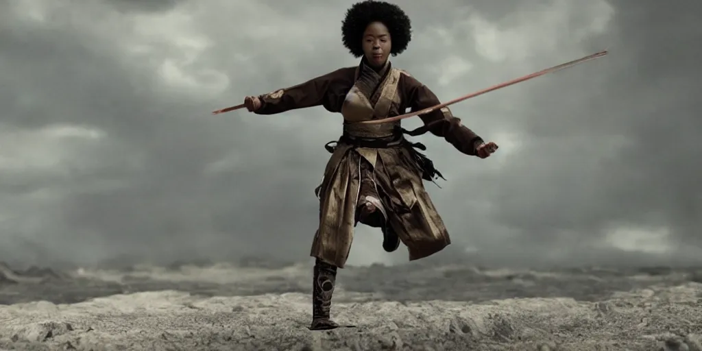 Prompt: a film still of a black woman starring in a japanese blockbuster film as ancient samurai, levitating mid air, intense, shallow depth of field, cinematic, award winning cgi, vfx, film still