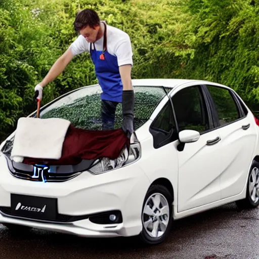 Prompt: baked beans man cleaning a honda jazz in the driveway overcast weather